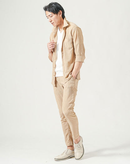 セットアップ 楊柳ストレッチスリムフィット7分袖シャツ×テーパードパンツ