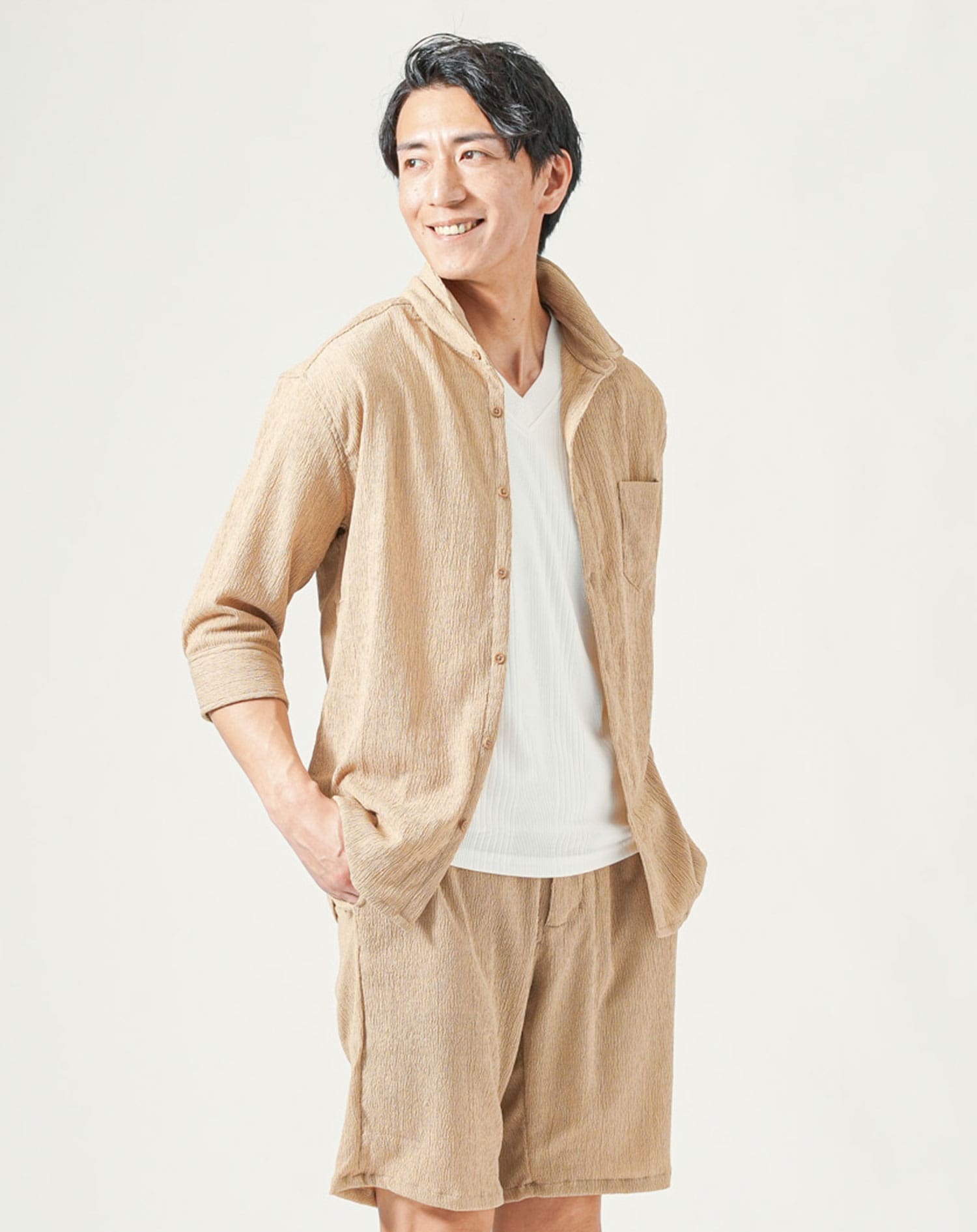 イケオジ セットアップ メンズ 夏 楊柳ストレッチ7分袖シャツ ハーフ