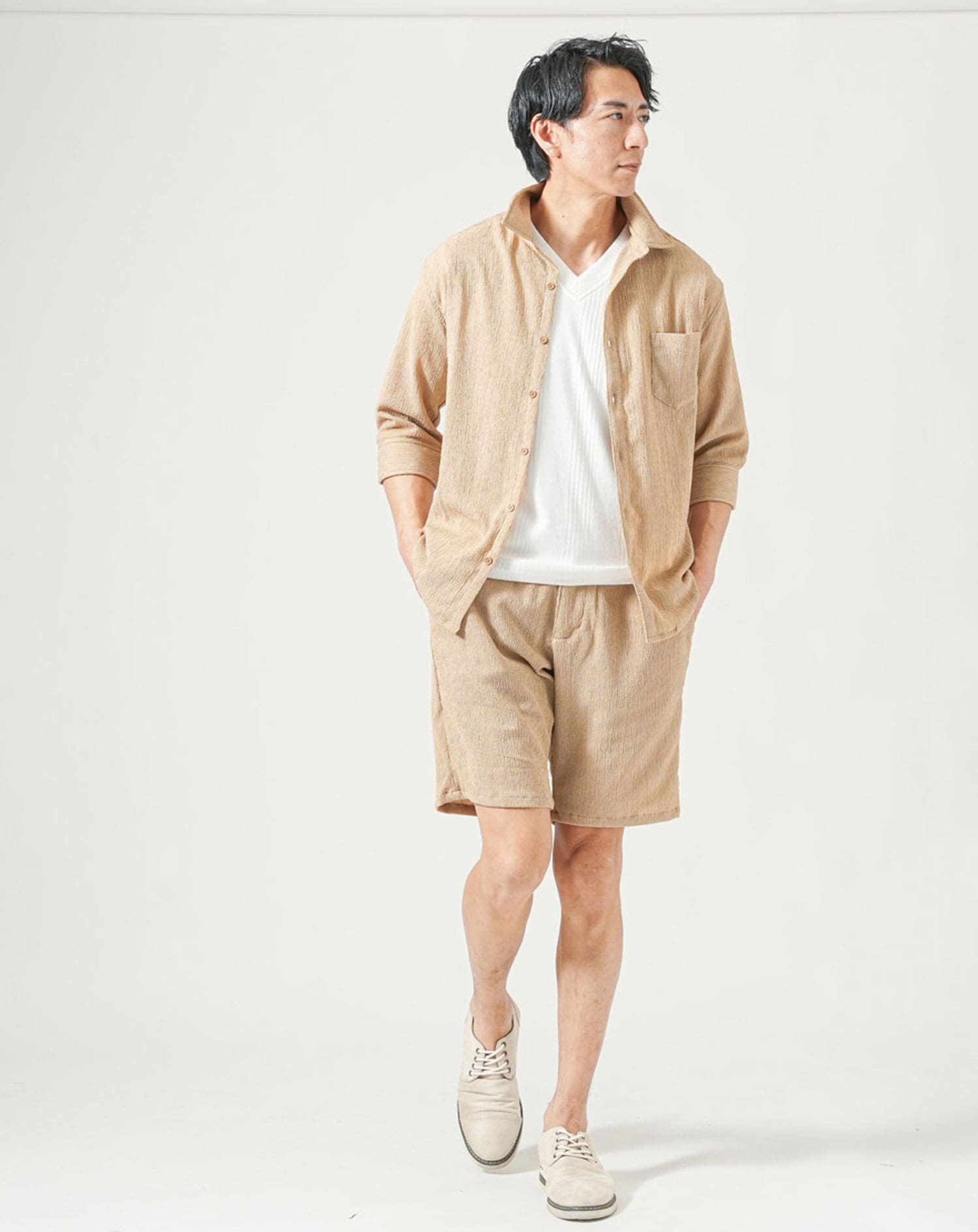 セットアップ 楊柳ストレッチスリムフィット7分袖シャツ×ハーフパンツ