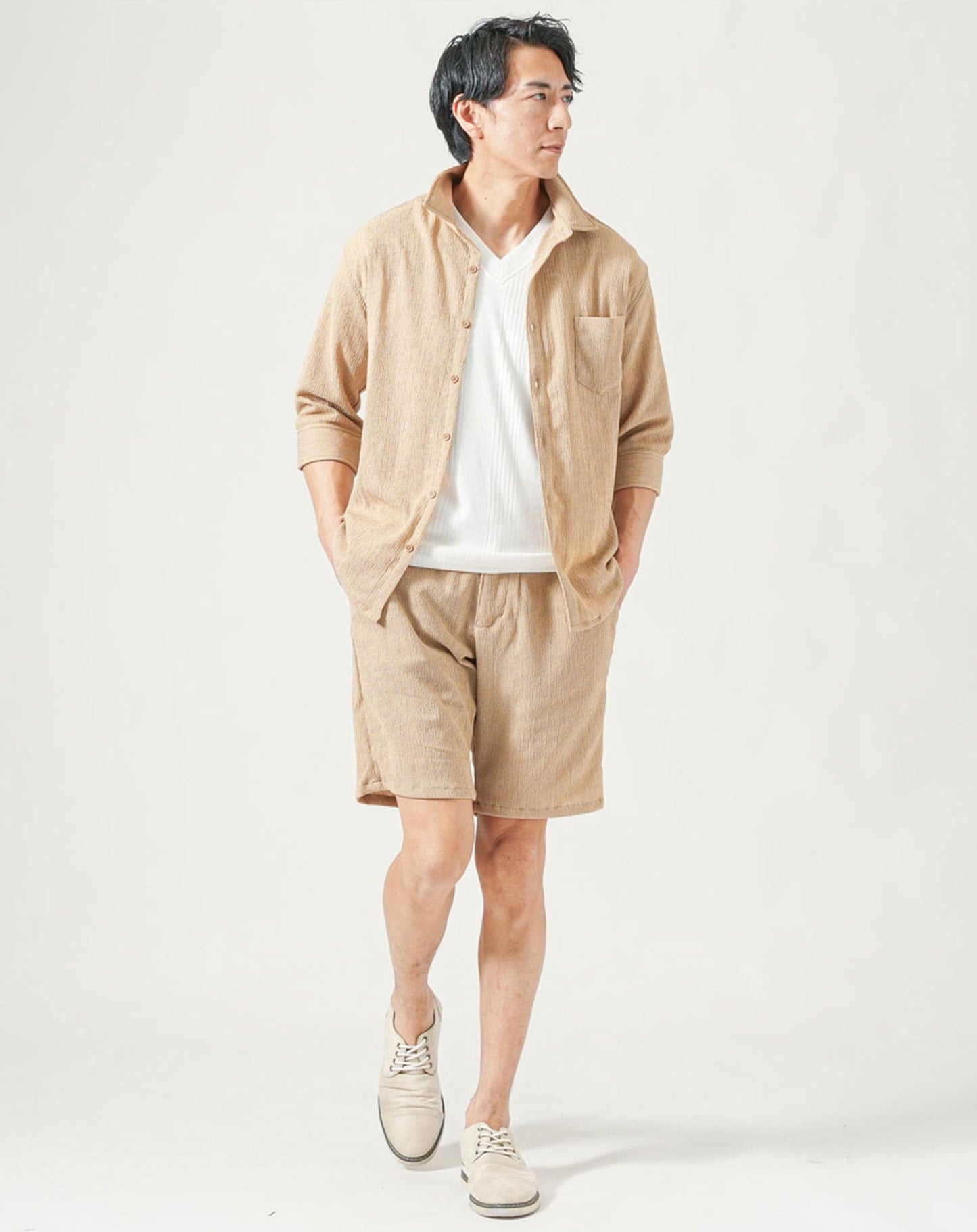 セットアップ　楊柳ストレッチスリムフィット7分袖シャツ×ハーフパンツ