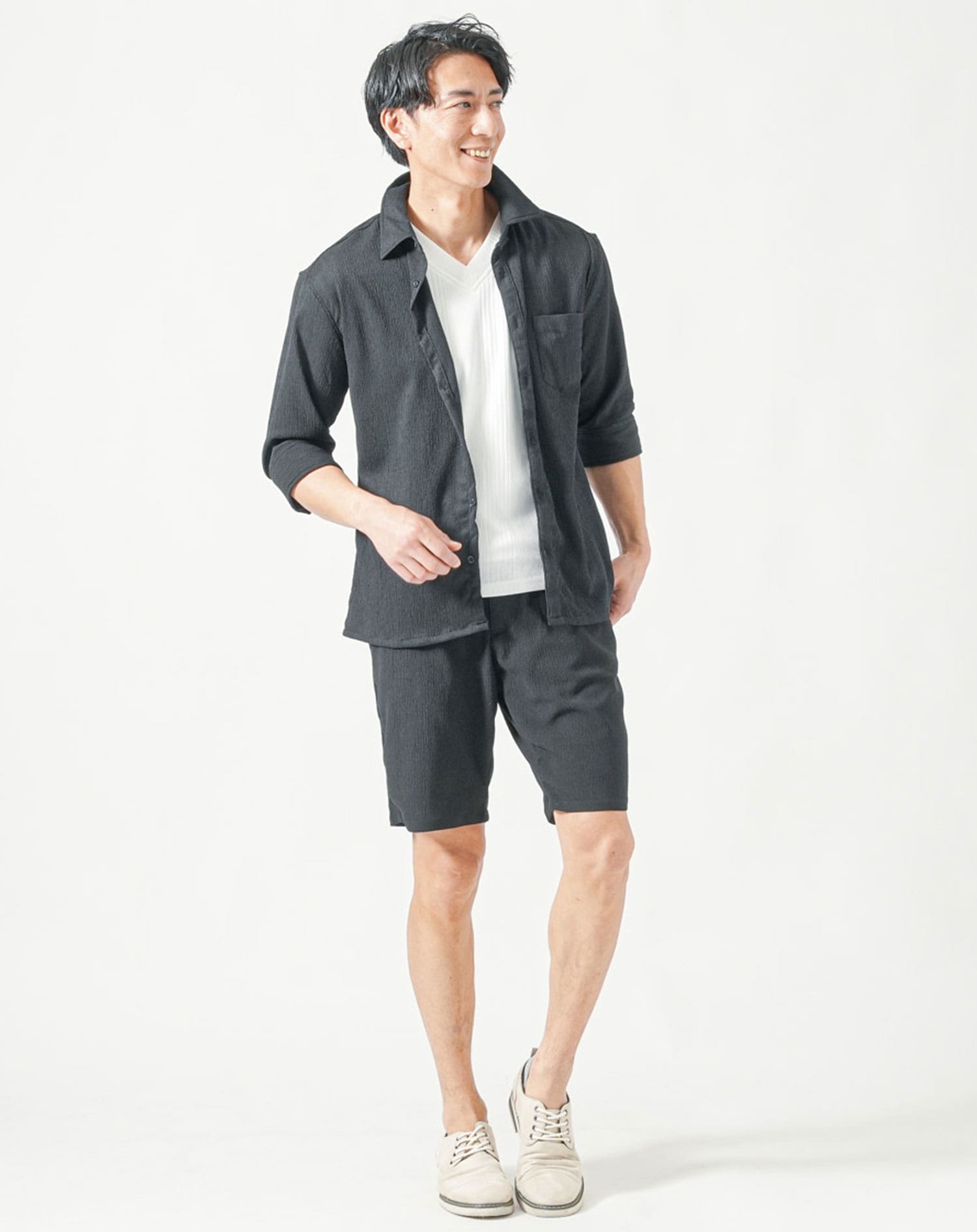 セットアップ　楊柳ストレッチスリムフィット7分袖シャツ×ハーフパンツ