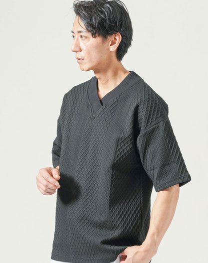 厚手生地オーバーサイズ膨れジャガード半袖VネックTシャツ