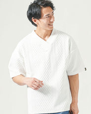 厚手生地オーバーサイズ膨れジャガード半袖VネックTシャツ