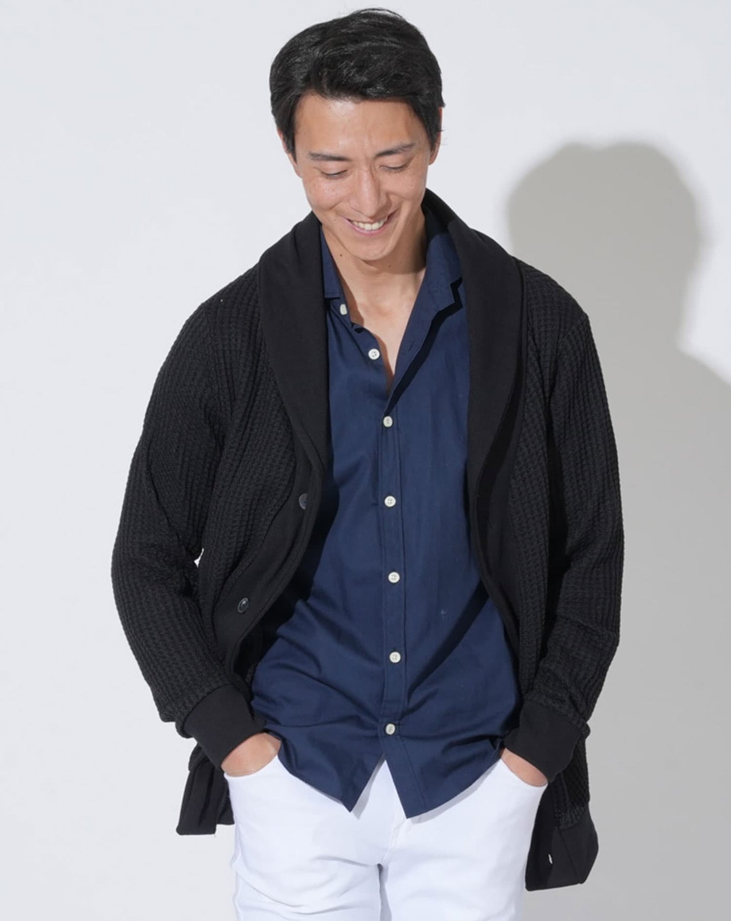 ワッフルショールカラーカーディガン