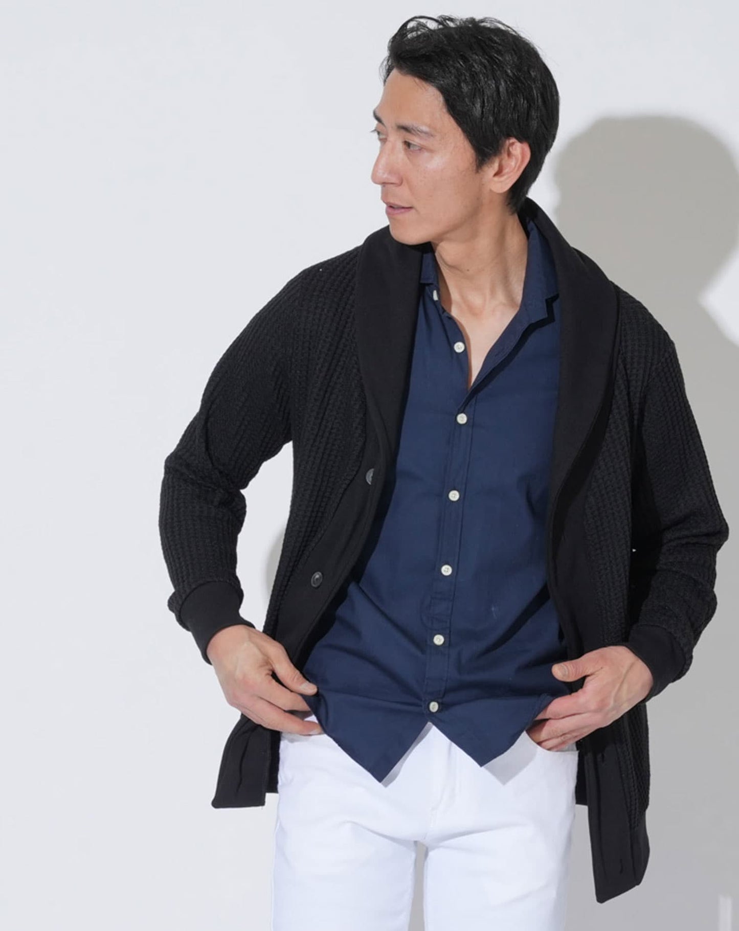 ワッフルショールカラーカーディガン