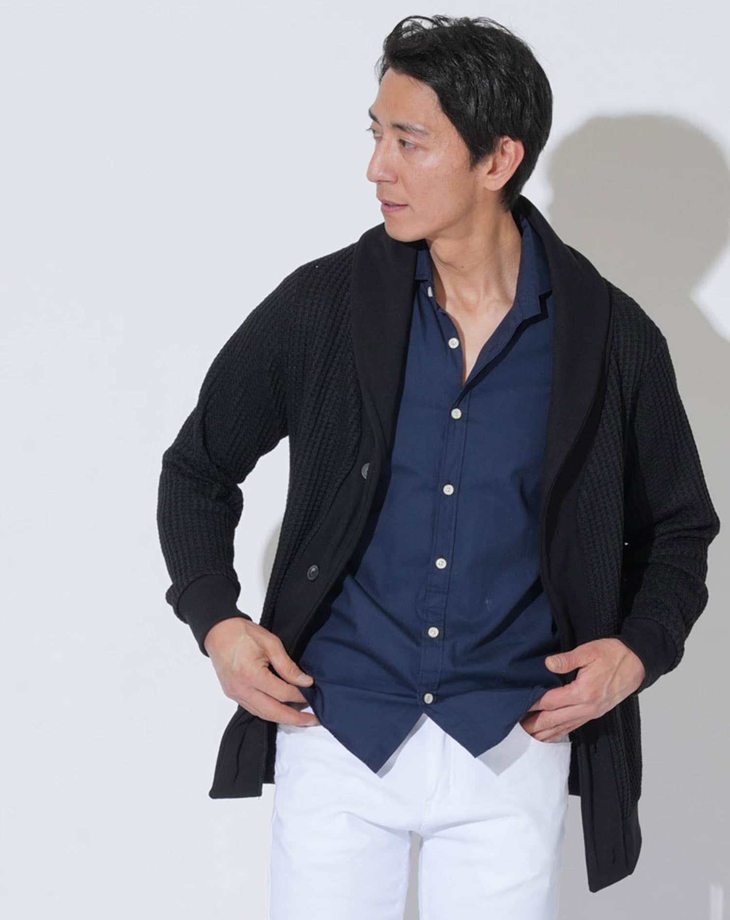 ワッフルショールカラーカーディガン