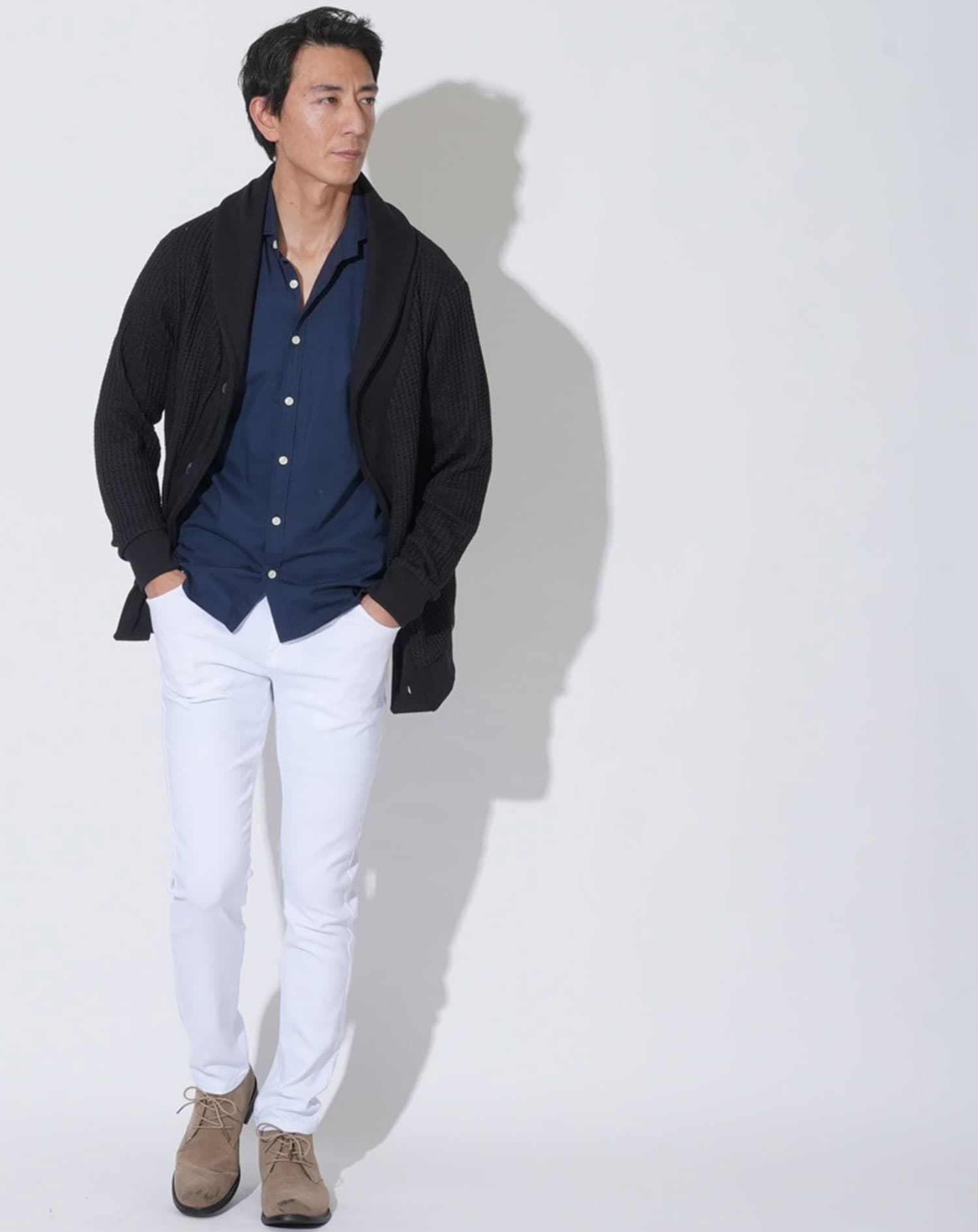 ワッフルショールカラーカーディガン