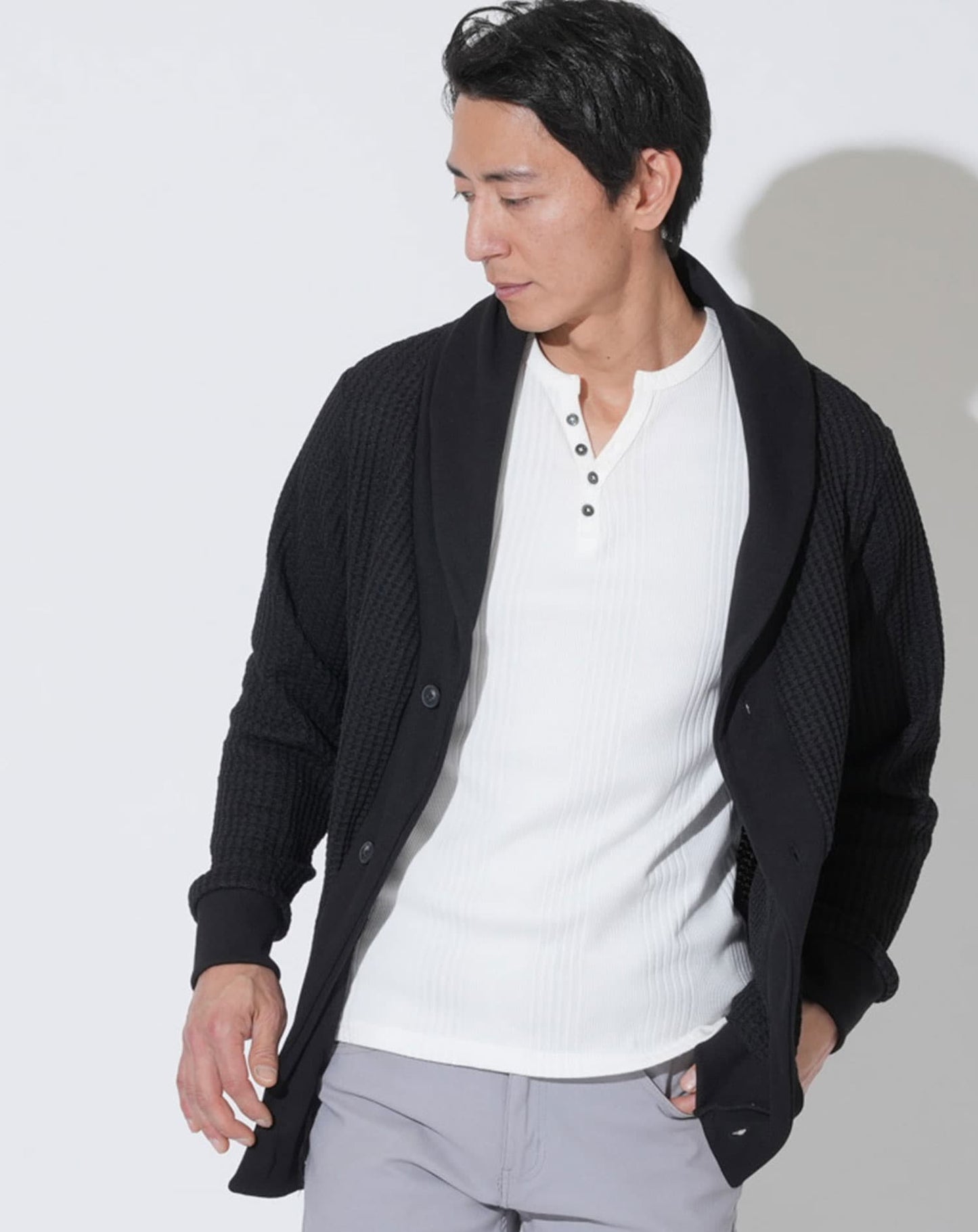 ワッフルショールカラーカーディガン