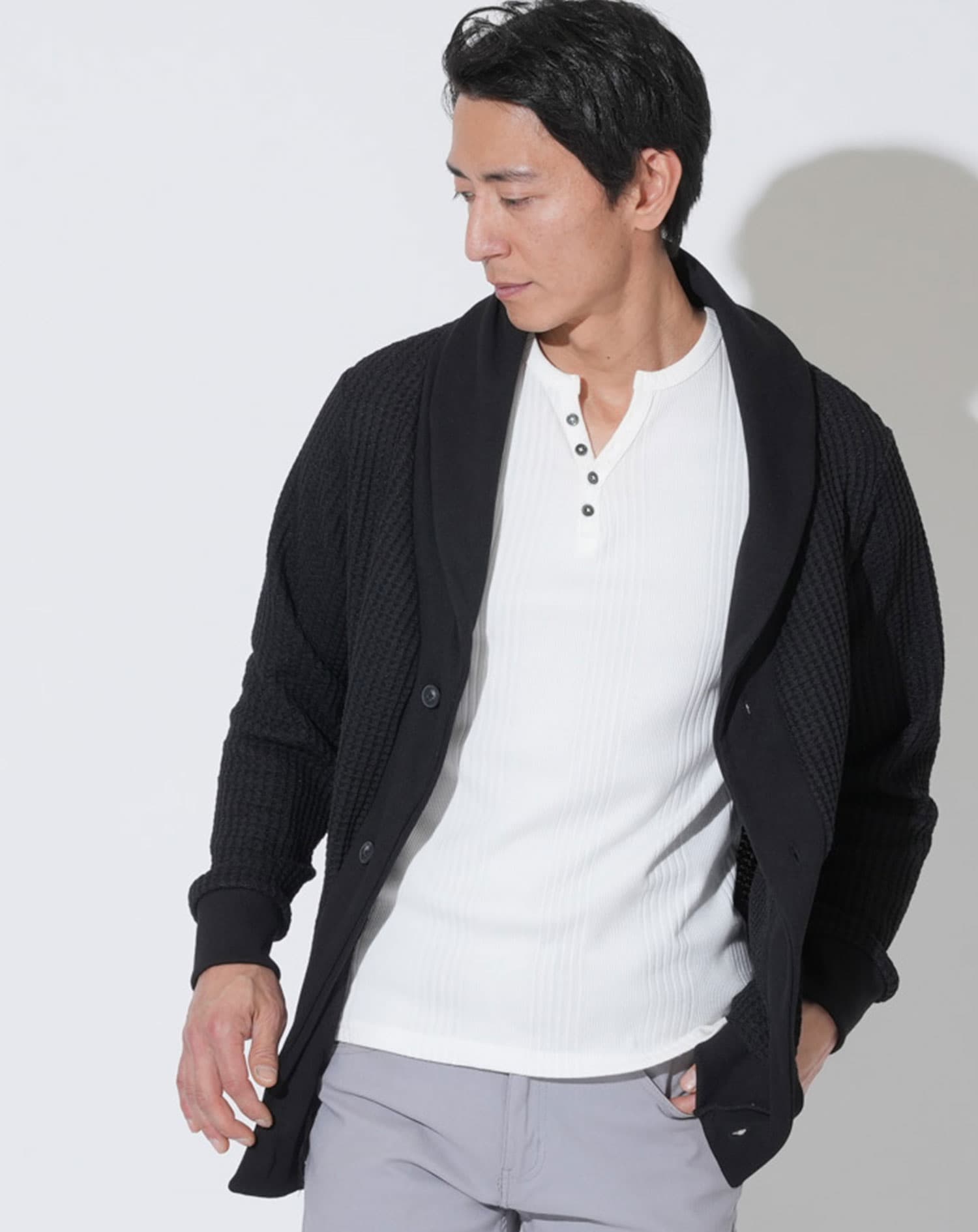 ワッフルショールカラーカーディガン