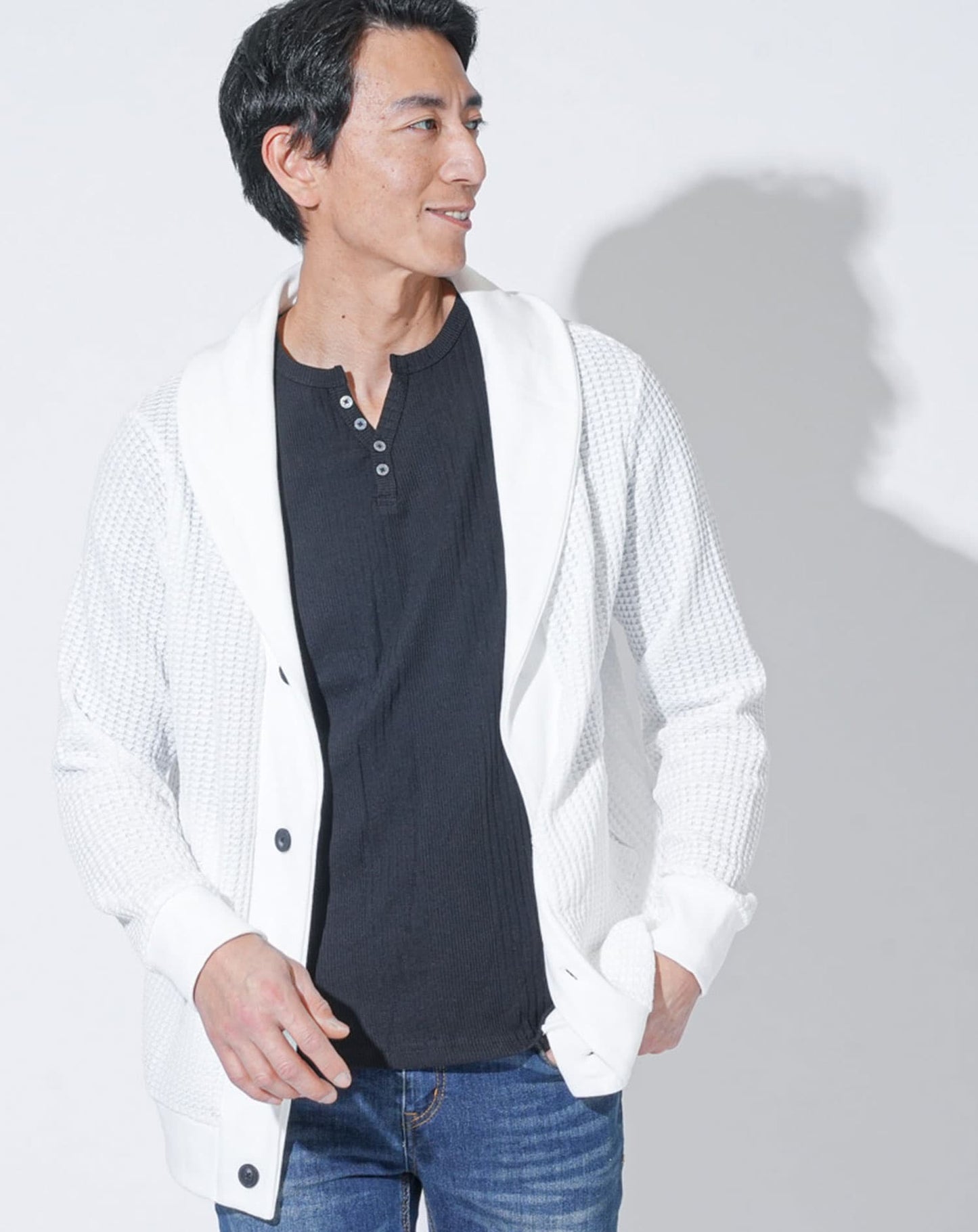 ワッフルショールカラーカーディガン