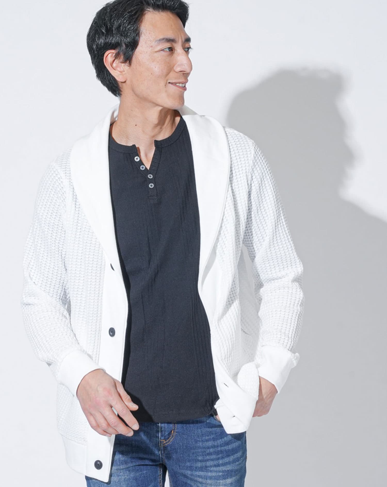 ワッフルショールカラーカーディガン