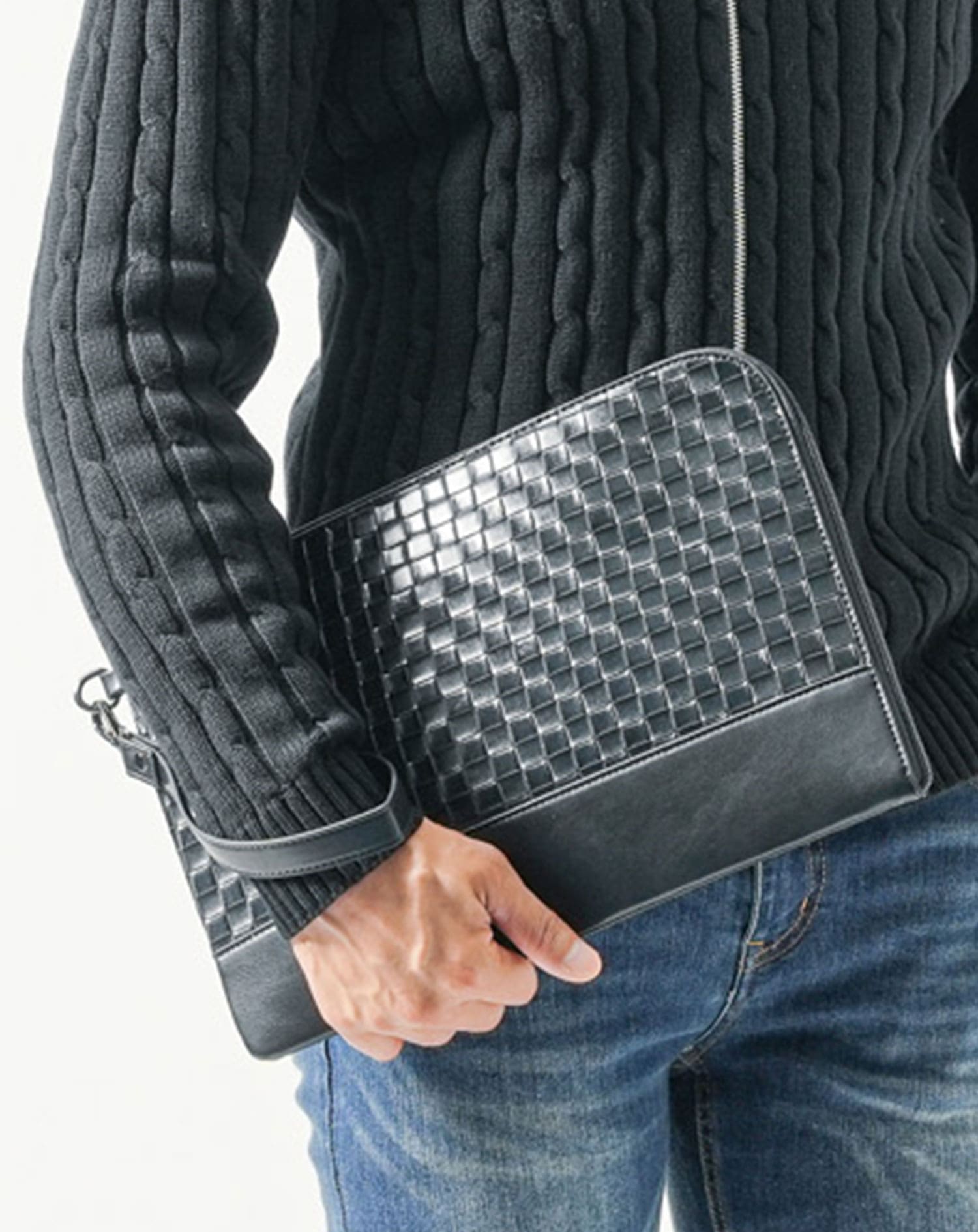 PUレザーイントレチャート編みクラッチバッグ クラッチバッグ メンズ