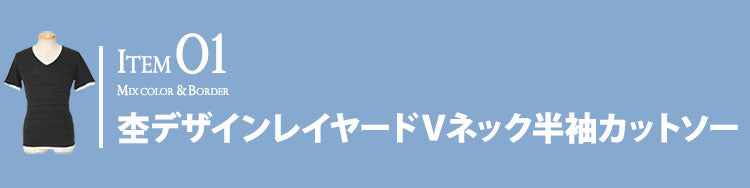 杢デザインレイヤードＶネック半袖カットソー×ランダムボーダー半袖レイヤードカットソー　２点セット