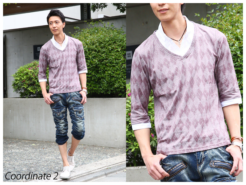 シャドーアーガイルフェイクレイヤード６分袖シャツ