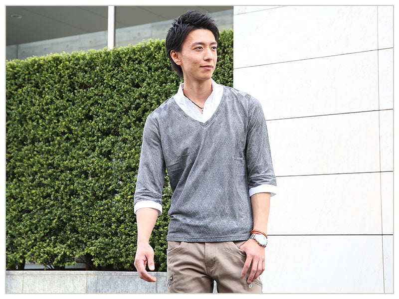 シャドーアーガイルフェイクレイヤード６分袖シャツ