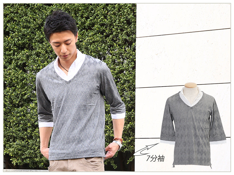 シャドーアーガイルフェイクレイヤード６分袖シャツ