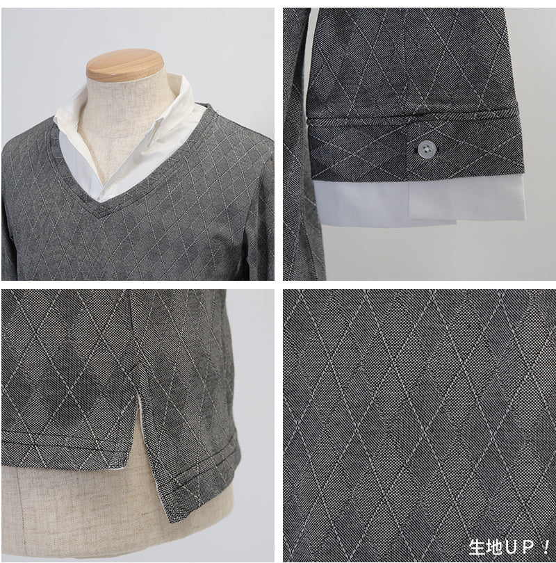 シャドーアーガイルフェイクレイヤード６分袖シャツ