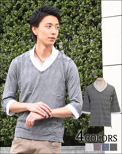 シャドーアーガイルフェイクレイヤード６分袖シャツ