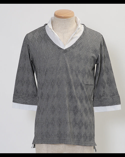 シャドーアーガイルフェイクレイヤード６分袖シャツ