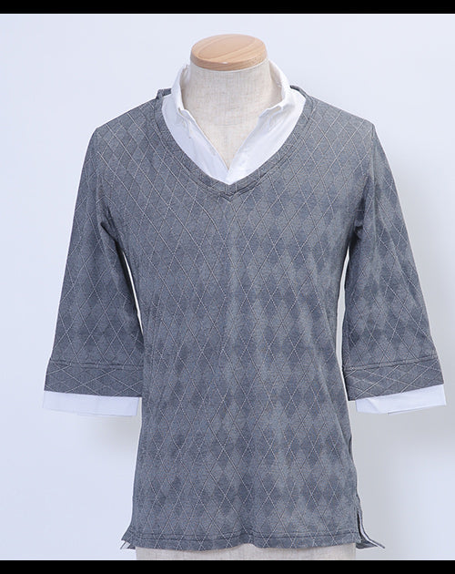 シャドーアーガイルフェイクレイヤード６分袖シャツ