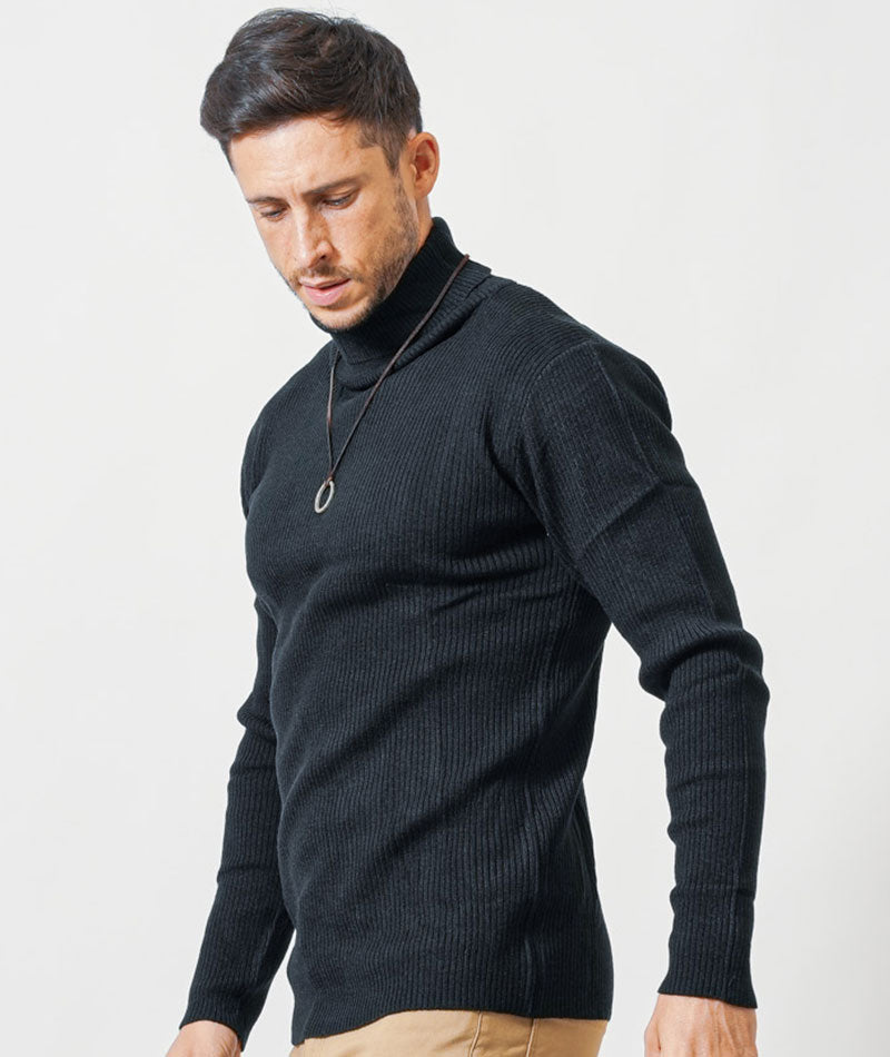 がっちり体型の方におすすめ二重臼リブ編みストレッチタートルネックニット