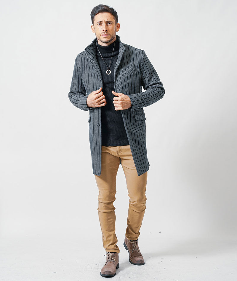 がっちり体型の方におすすめ二重臼リブ編みストレッチタートルネックニット