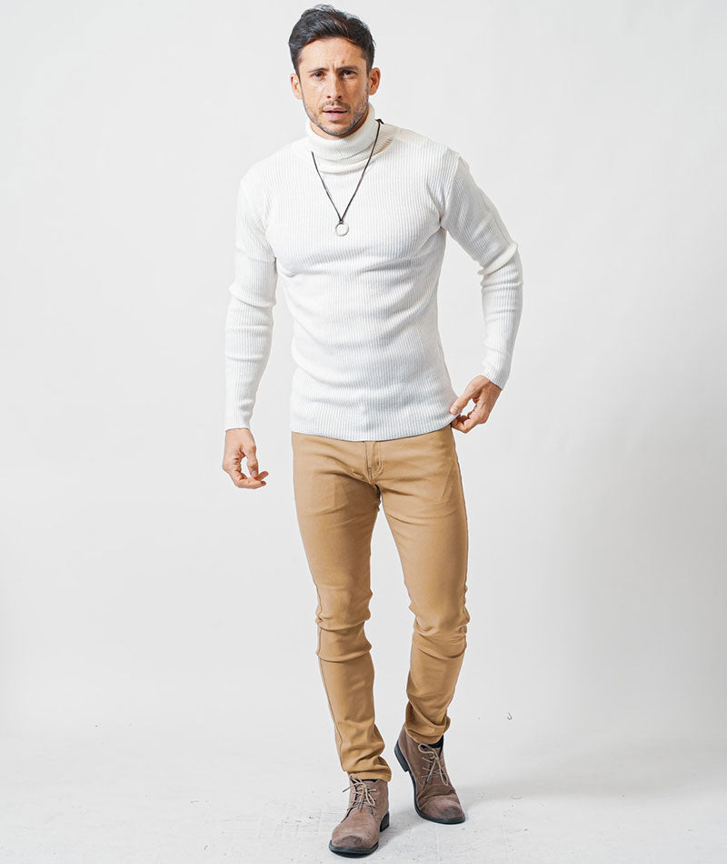 がっちり体型の方におすすめ二重臼リブ編みストレッチタートルネックニット