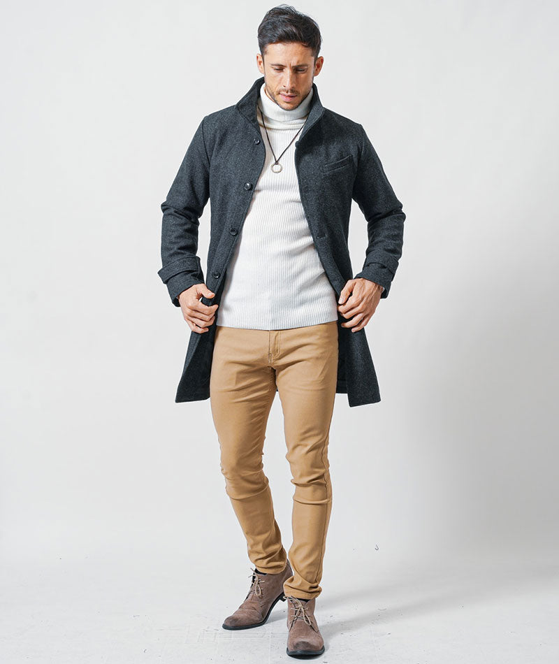 がっちり体型の方におすすめ二重臼リブ編みストレッチタートルネックニット