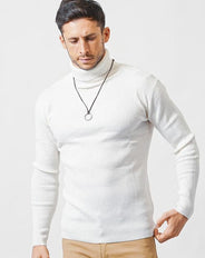 がっちり体型の方におすすめ二重臼リブ編みストレッチタートルネックニット