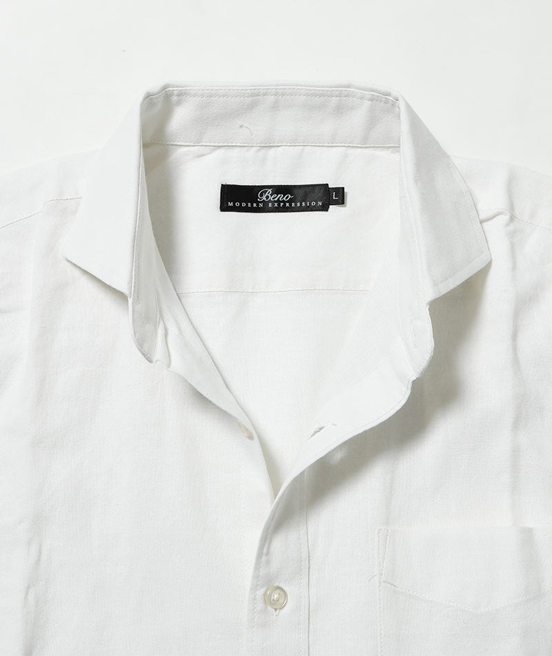 がっちり体型の方におすすめホリゾンタルカラー綿麻素材７分袖シャツ
