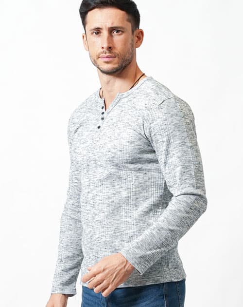 がっちり体型の方におすすめランダムテレコ素材長袖ヘンリーネックＴシャツ