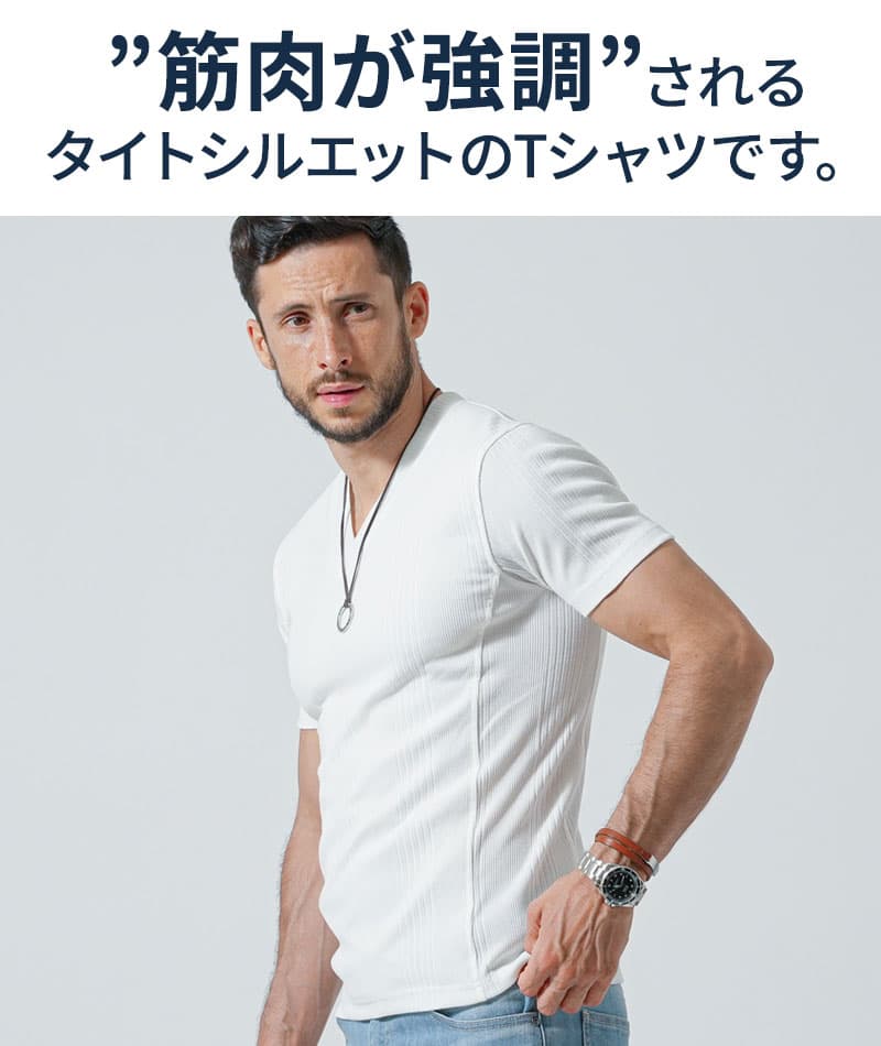 がっちり体型の方におすすめランダムテレコ半袖VネックTシャツ