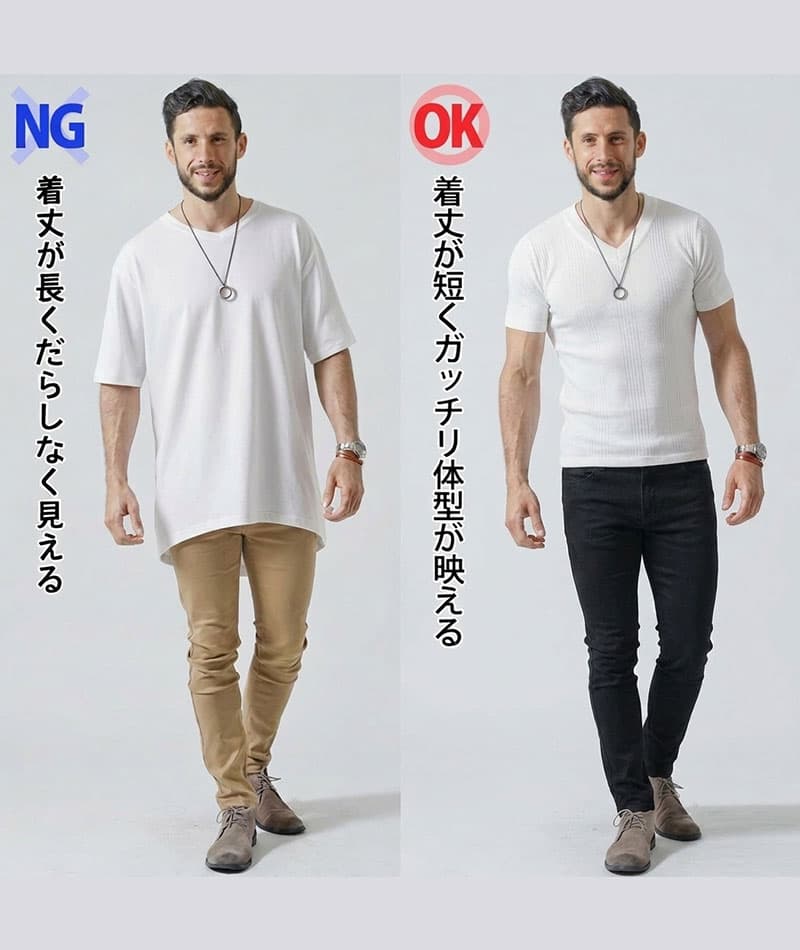 がっちり体型の方におすすめランダムテレコ半袖VネックTシャツ