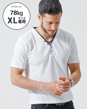 がっちり体型で肩幅広いマッチョにおすすめヘンリーネック半袖Tシャツ