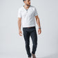 がっちり体型の方におすすめ3点メンズコーデセット　グレー7分袖ジャケット×白半袖Tシャツ×黒ストレッチチノパンツ　