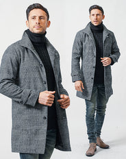 がっちり体型の方におすすめ冬の3点コーデセット グレンチェックロングコート×黒タートルネックニット×ストレッチデニムパンツ