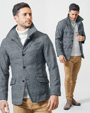 がっちり体型の方におすすめ冬の3点コーデセット グレンチェックメルトンジャケット×白タートルネックニット×ベージュスリムチノパンツ