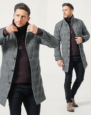 がっちり体型の方におすすめ冬の3点コーデセット グレンチェックメルトンコート×ワインタートルネックニット×黒スリムチノパンツ