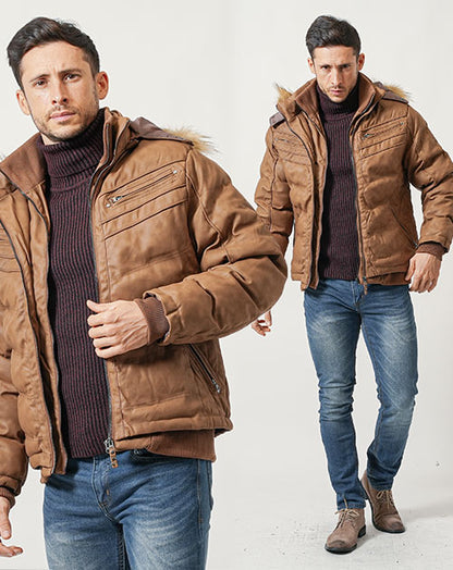 がっちり体型の方におすすめ冬の3点コーデセット　キャメル中綿ダウンジャケット×ワインタートルネックニット×ネイビースリムデニムパンツ