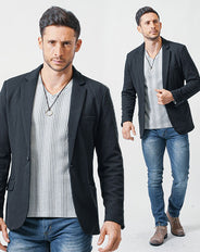 がっちり体型の方におすすめ3点コーデセット 黒長袖テーラードジャケット×白長袖Tシャツ×ネイビースリムチノパンツ