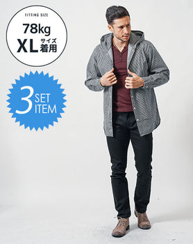 がっちり体型の方におすすめ3点コーデセット 黒長袖シャツパーカー×ワイン長袖Tシャツ×黒スリムチノパンツ