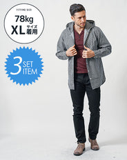 がっちり体型の方におすすめ3点コーデセット　黒長袖シャツパーカー×ワイン長袖Tシャツ×黒スリムチノパンツ