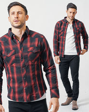 がっちり体型の方におすすめ3点メンズコーデセット レッド長袖チェックシャツ×白長袖Tシャツ×黒スリムチノパンツ