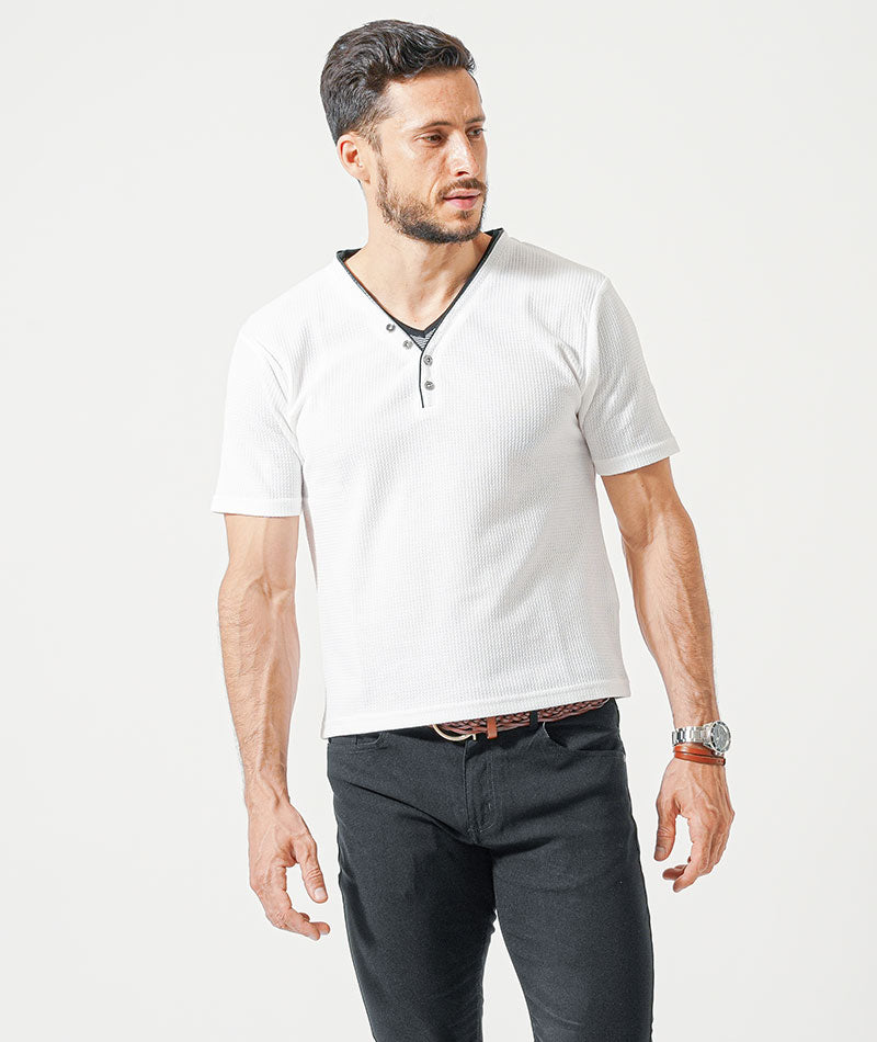 がっちり体型夏の3点コーデセット 白半袖ポロシャツ×白半袖ヘンリーネックTシャツ×黒ストレッチチノパンツ