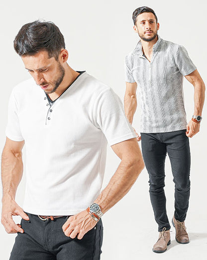 がっちり体型夏の3点コーデセット 白半袖ポロシャツ×白半袖ヘンリーネックTシャツ×黒ストレッチチノパンツ