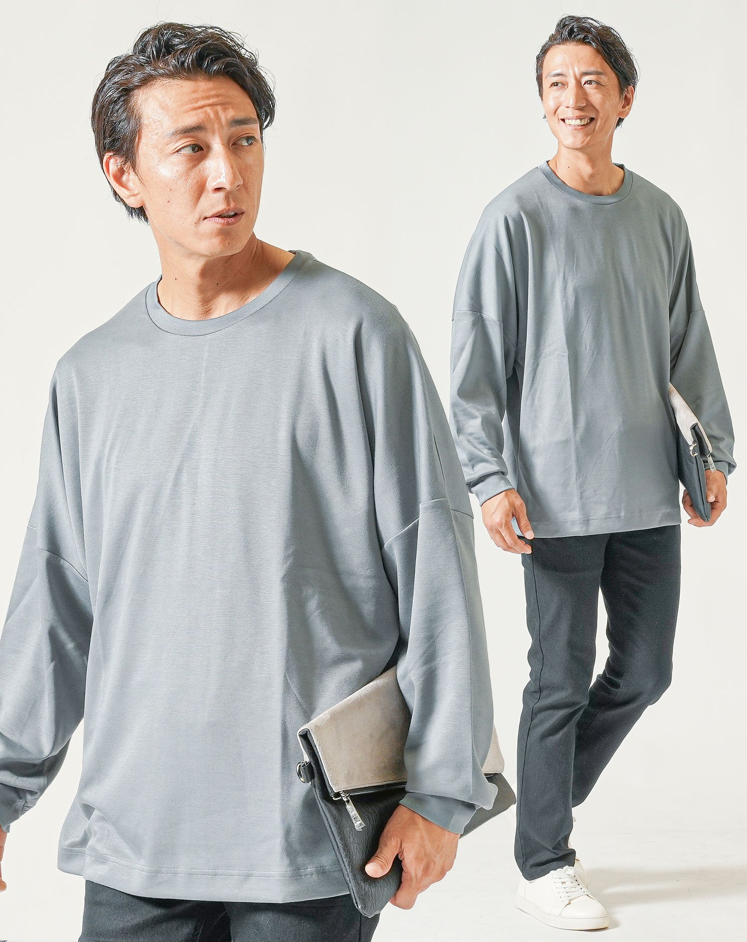 がっちり体型2点コーデセット 白長袖無地Tシャツ×黒ストレッチテーパードパンツ