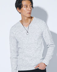 杢ランダムテレコ長袖VネックTシャツ