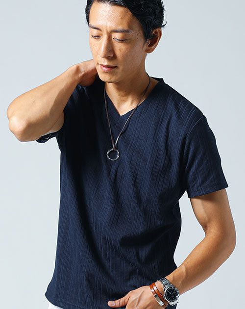 ランダムテレコ素材半袖VネックTシャツ
