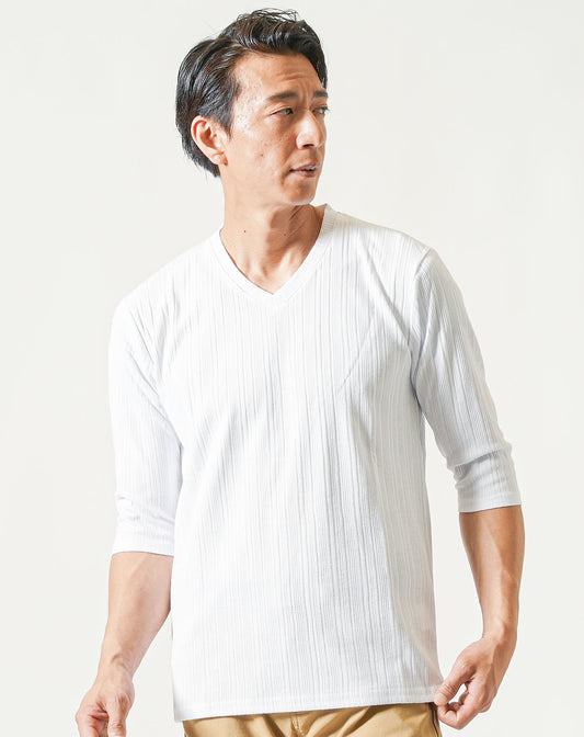 ランダムテレコ素材半袖VネックTシャツ