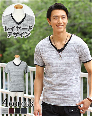 レイヤードデザイン半袖?ネックカットソー